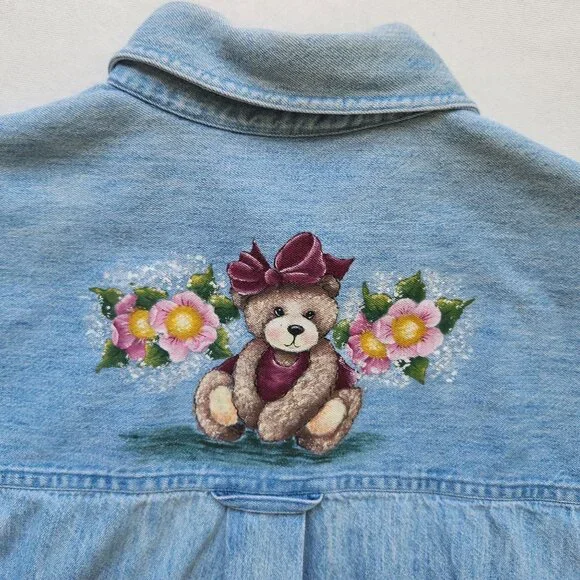 Vintage Denim Shirt Teddy Bear Floral Short Sleeve Spring Summer Cute Teddy Core - Picture 4 of 13